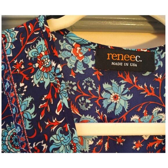 Renee C Boho Floral Mini Dress Blue Red Print Women’s Size Small Tunic Style - Picture 2 of 8